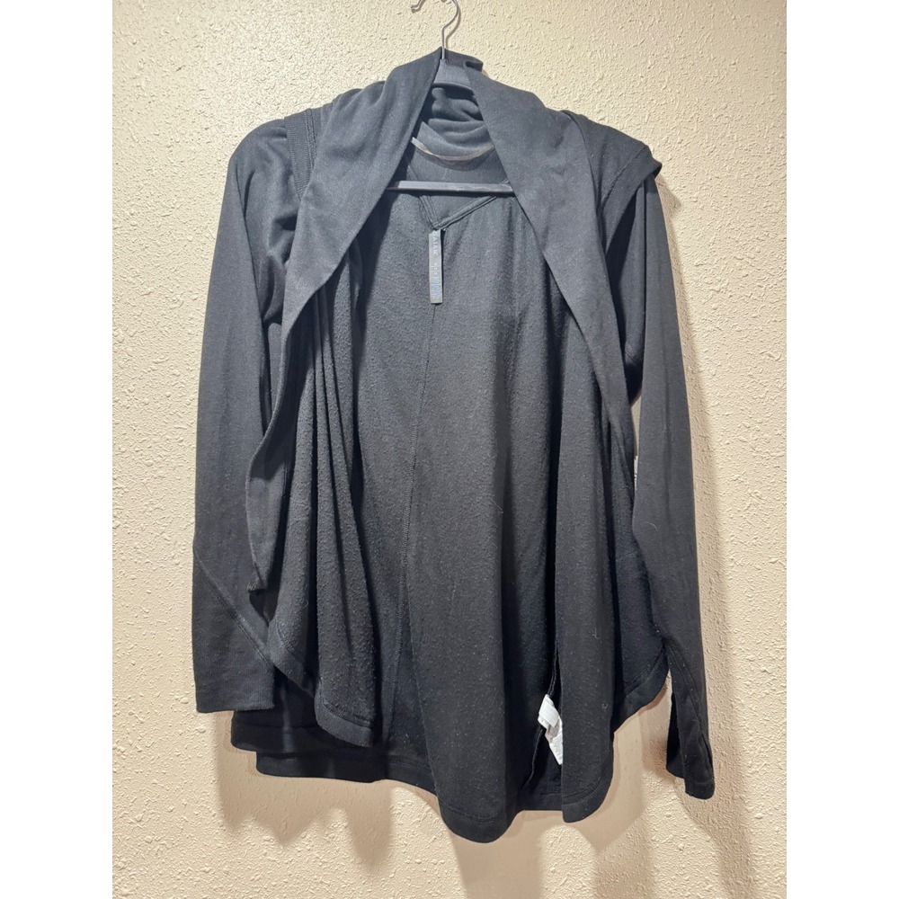 Gaiam Womens Black Draped Open Front Hooded Cardigan Fleece Wrap Size Medium